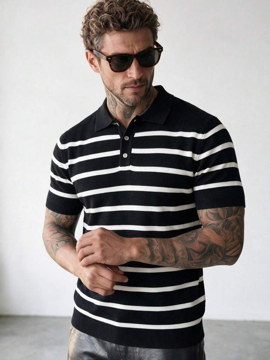 Men's Knitted Striped Short Sleeve Polo Shirt - Black - View 1