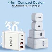 1 buah/2 buah/3 buah Kepala Pengisi Daya USB-C Ganda Portabel 55W, Blok Pengisian Cepat USB-C 4 Port, Adaptor Daya QC+PD, Kompatibel dengan iPhone 17 16 15 14 13 12 11 Plus Pro Max, Tablet, dan Berbagai Perangkat - Steker Tipe AS A (110-127V) - View 2