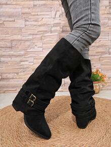 Women Knee High Boots, Buckle Strap Design, Low Block Heel - Black - View 7