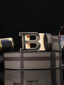 1pc Top Grain Leather B Plaid Automatic Buckle Belt For Men, Versatile Korean Style Business Waist Strap For Adults - Multicolor - View 4