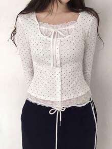 Lace Trim Polka Dot Long Sleeve 2 In 1 T-Shirt - White - View 7
