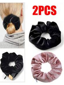 Velvet Hair Scrunchie With Hidden Pocket, Multi-Functional Hair Accessory Storage Bag, Travel Essential, Portable - Multicolor - View 13