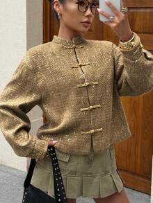 Women's Sequin Tweed Short Jacket, Frog Button Stand Collar Long Sleeve Coat, Vintage Elegant Chinese Style Short Overcoat - Brown - View 4