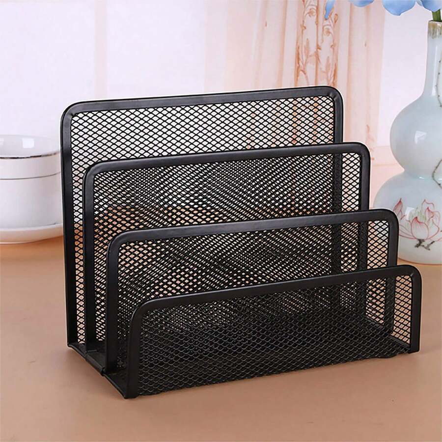 Multifunctional All-In-One Metal Mesh Desktop Organizer Rack With Bookshelf, File Holder, Letter/Envelope Card Slots - Space-Saving Freestanding Storage Shelf, Compact Vertical Design Suitable For Home Office, Home & Office Decor - Multicolor - View 1