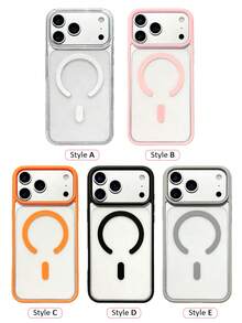 1pc 5-Style Optional Contrast Border Magnetic Large Window Transparent Phone Case, Ins Minimalist Phone Case, Built-In Magnetic Ring Supports Wireless Charging; Covers, A Style Transparent Border / B Style Light Pink Border / C Style Vibrant Orange Border / D Style Classic Black Border / E Style Light Gray Border, Raised Lens Full Coverage Anti-Drop Soft Shell, Minimalist Versatile Fashion Phone Case, Suitable For Personal Use, Birthday Gift Choice; Compatible With IPhone Case - Multicolor - View 2