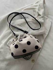 1pc Solid Color Drawstring Bucket Bag With Chain Strap Crossbody Shoulder Bag For Women, Fashion Polka Dot Pattern Shoulder Bag - Beige - View 6