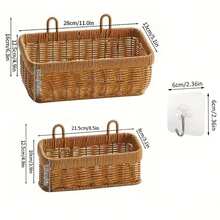 Woven Storage Basket, Faux Rattan Rectangular Basket With Handle, Wall-Mounted Wicker Organizer For Kitchen, Bathroom And Bedroom, Multi-Functional Decorative Basket For Pantry Items, Towels, Snacks, Plants And Home Decor, Non Food Contact - View 6