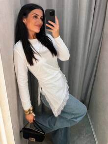 Women's Lace Patchwork Pleated Fitted Versatile Casual Daily Top - White - View 1