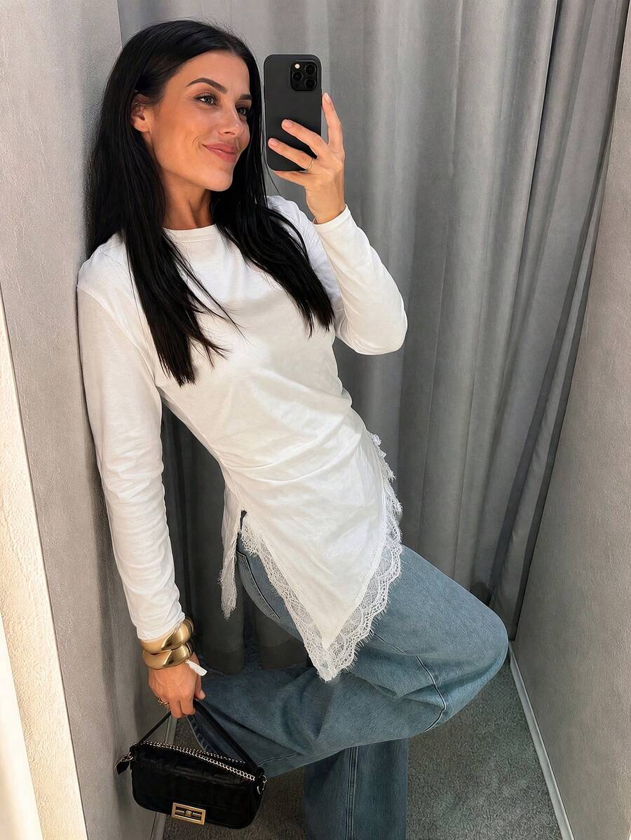 Women's Lace Patchwork Pleated Fitted Versatile Casual Daily Top - White - View 1