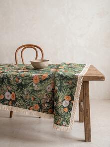 1pc Green Background Vintage Autumn Dandelion Jacquard Tablecloth, Natural Rustic Style Jacquard Fabric Square Beige Tassel Edge Detail Stain-Resistant Protective Desktop Functional Home Dining Table Cloth Suitable For Daily Home Use And Natural Table Setting Scenes - Green - View 2