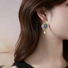 1 Pair Vintage Exotic Embossed Blue Glass Round Pendant Pearl Drop Earrings For Women Couples Friends Party Date Gift Commute Jewelry - Gold - View 5