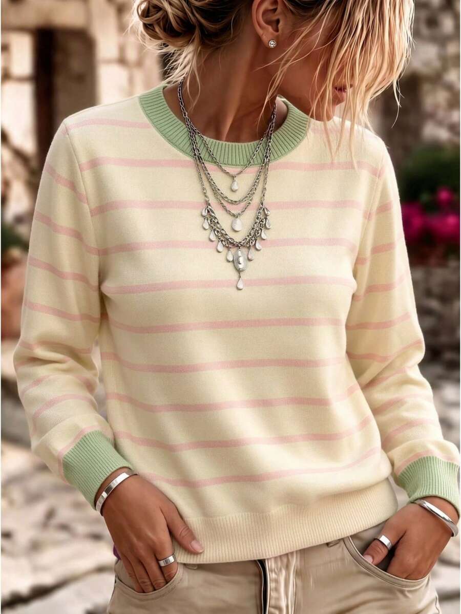 GIGOGOU New Basic Style Autumn/Winter Women's Casual Knit Striped Sweater Long Sleeve Pullover Soft And Comfortable - Apricot - View 1
