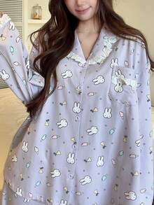 Gongdie 2 Pieces Miffy Women's Pajama Set,Fall Purple Soft Cotton Loungewear With Lace Trim And Pocket - Mauve Purple - View 2