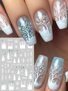 3 Sheets 5D Embossed Winter Snowflake Nail Stickers - 3D Blue Snowy Forest, Christmas Tree & Rhinestone Decals For DIY Holiday Manicure, Elegant Seasonal Nail Art Decor & Gift For Women Girls - White - View 8