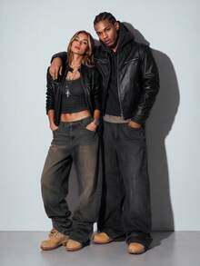Modcrash Men's Jacket, Streetwear, Faux Leather, Zipper Relaxed Fit, Rave Motorcycle, Autumn Winter, Unisex Fall/Autumn/Winter - Black - View 11
