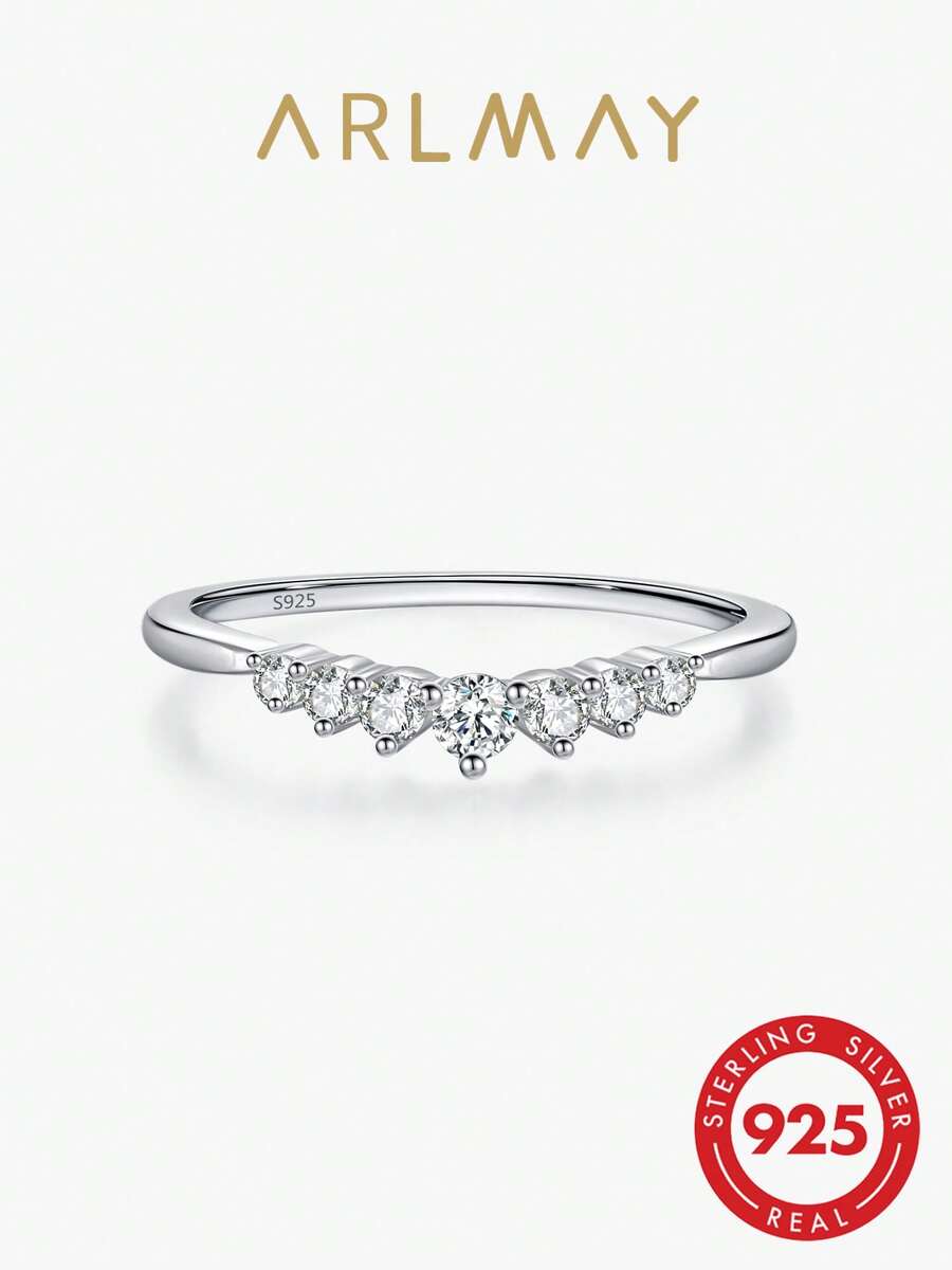 Arlmay 1pc 925 Sterling Silver Clear Zirconia Fashion Simple Finger Ring Stackable Band Rings For Women Classic Jewelry