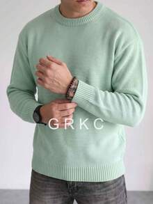 GRKC 男士圓領長袖針織寬鬆休閒簡約套頭毛衣，適合秋冬穿著 - 薄荷綠 - 查看 4