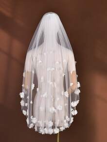 Single Tier Mid-Length Veil With 3D Pearl Flowers, Handmade Fabric Floral Bridal Wedding Veil - Multicolor - View 5