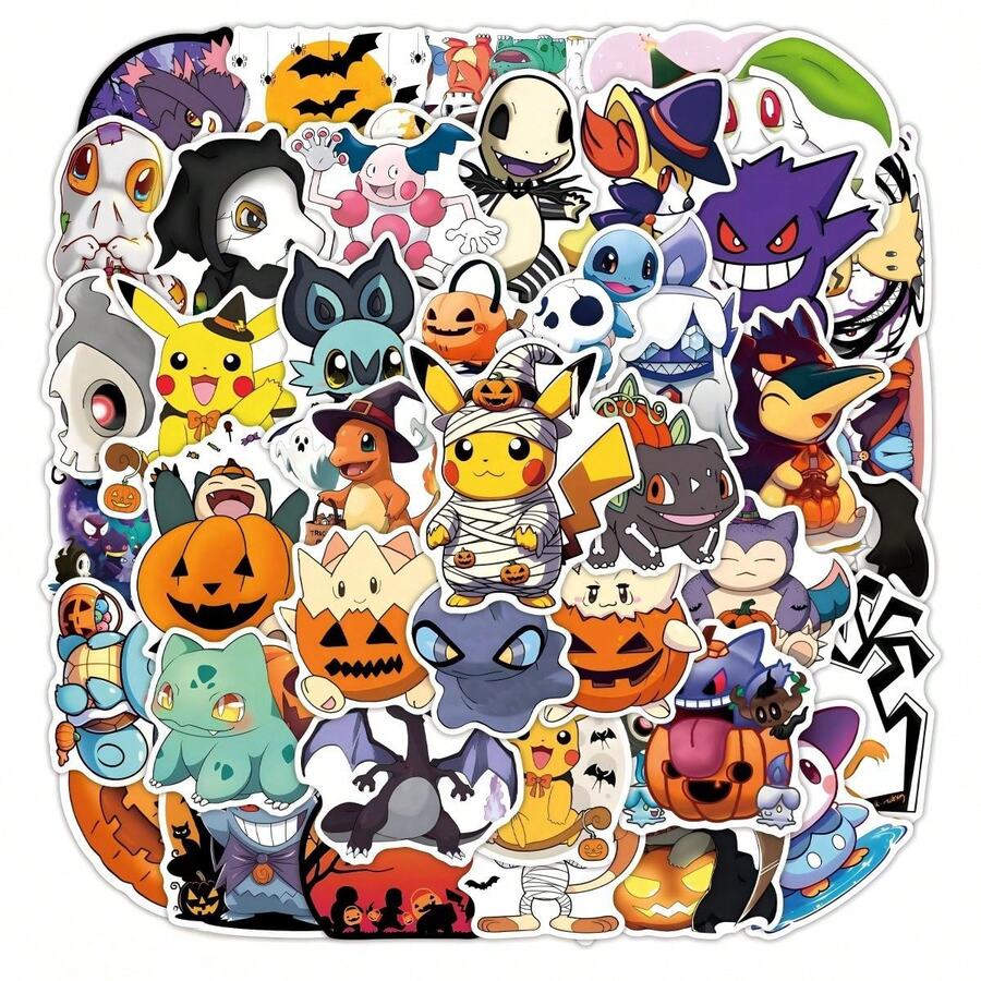 1set/50pcs Anime Cartoon Monster Halloween Theme Vinyl Sticker Pack, Waterproof Decorative Stickers, Pumpkin Ghost Character Stickers, Suitable For Laptops, Water Bottles, Luggage, Scrapbooks, Party Favors And Halloween Decorations - Multicolor - View 1