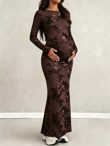 Maternity Jacquard Mesh Patchwork Casual Party Dress - Coffee Brown - View 8
