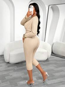 Elegant Women's Deep V-Neck 2 Pieces Set, Ruched Waist And Bust Design, Medium Stretch Fabric, Slim Fit - Apricot - View 3