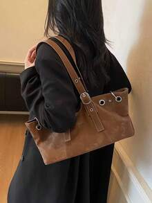 Tas Selempang Suede Kapasitas Besar Musim Gugur/Dingin Vintage, Tas Tote Minimalis, Tas Bahu Serbaguna untuk Bepergian - Coklat - View 6