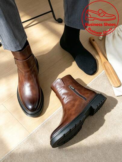 Men's Vintage Brown Mid-Calf Boots Double Zipper Design Thick Sole Chelsea Boots British Style Business Casual Men's Boots Casual High-Top Motorcycle Boots Warm Boots