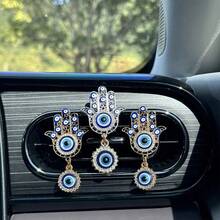 1pc Evil Eye Car Vent Decoration, Devil Eye Retro Fatima Hand Car Vent Clip, Antique Rhinestone Hollow Metal Pendant Car Vent Decoration, Bohemian Car Interior, Lucky Protection Car Parts Gift For Female Drivers - A - View 1