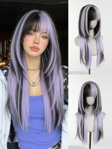 24 Inch Long Synthetic Straight Hair Wig, Multi-Color Natural Style, With Bangs Design, Suitable For Daily Wear, Party, Makeup, Ball, Providing Natural And Long-Lasting Wig Gift For Women, Halloween , Cosplay And Fashion - Multicolor - View 14