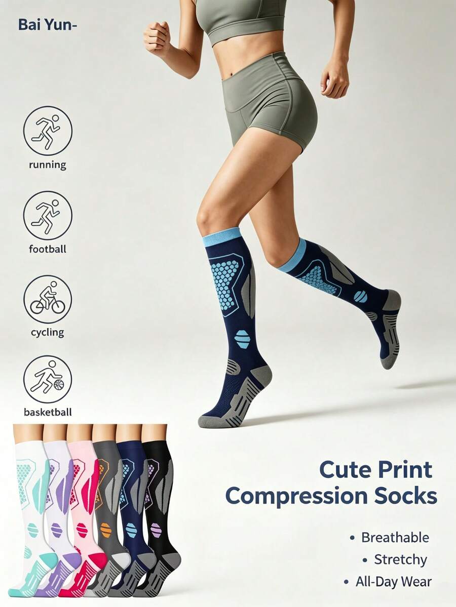 1/2/4 Pairs Knee High Tube Socks Men Women, Unisex Compression Elastic Support Socks, Fall Clothes, Fall Style, For Cycling Running Fitness - Multicolor - View 1
