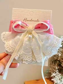 1pc Girls Sweet Cute Autumn New Multi-Color Flocked Polka Dot Bow Lace Ribbon Hair Clip - Pink - View 1