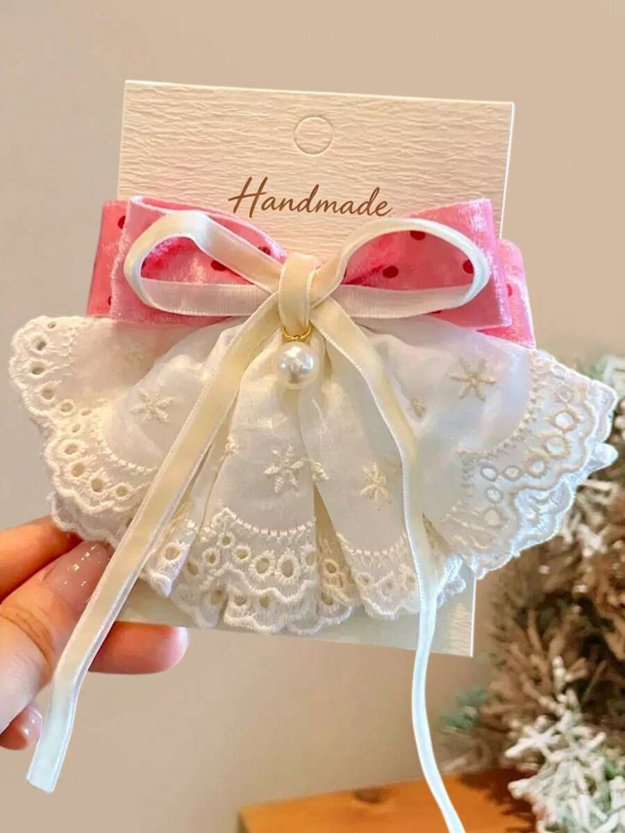 1pc Girls Sweet Cute Autumn New Multi-Color Flocked Polka Dot Bow Lace Ribbon Hair Clip - Pink - View 1
