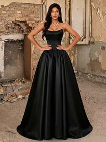 Fall Winter Elegant Black Strapless Satin Corset A-Line Maxi Ball Evening Gown, Lace Up Back Formal Dress For Party Prom Wedding Guest Banquet - Black - View 6