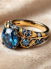 1pc Dual-Tone Leaf Ring, Vintage Blue Copper Statement Ring, Grapevine And Floral Design, Lightweight Luxury Baroque Style Ring, Unisex, Daily Party Anniversary Gift - Two-color - View 4
