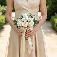 Boho Wedding Bouquets Bride Bouquets Artificial Roses Flowers For Bride Bridesmaid Bouquets, Wedding Prom Church Decoration, Ceremony, Anniversary - Beige - View 15