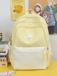 Sweet Polka Dot Stripe Lace Backpack, Cute Girl Large Capacity Student School Bag, Multi-Compartment Backpack For Elementary, Middle And High School Students, Children Daily Commute, Travel, Shopping, Campus Casual Backpack, Girls Rabbit Embroidery Star Pendant, Academy Style Multiple Colors Available - A - View 15