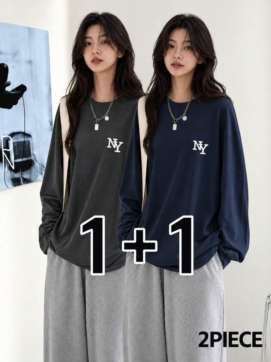 Women's Fashion Autumn/Winter Pure Cotton Loose Minimalist Versatile Solid Color Long Sleeve T-Shirt 2pcs - Dark Grey + Navy Blue - View 1