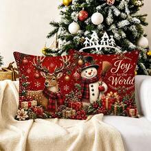 4pcs Red Background Christmas Snowman Reindeer Santa Claus Gift Christmas Tree Print Pattern Pillow Covers, Single-Sided 2D Flat Printing Process, 45x45cm (18x18in), Soft Comfortable Polyester Cushion Covers, Zipper Closure Machine Washable, Suitable For Living Room Bedroom Winter Holiday Home Decor (Pillow Covers Only, Pillow Insert Not Included) - Multicolor - View 6