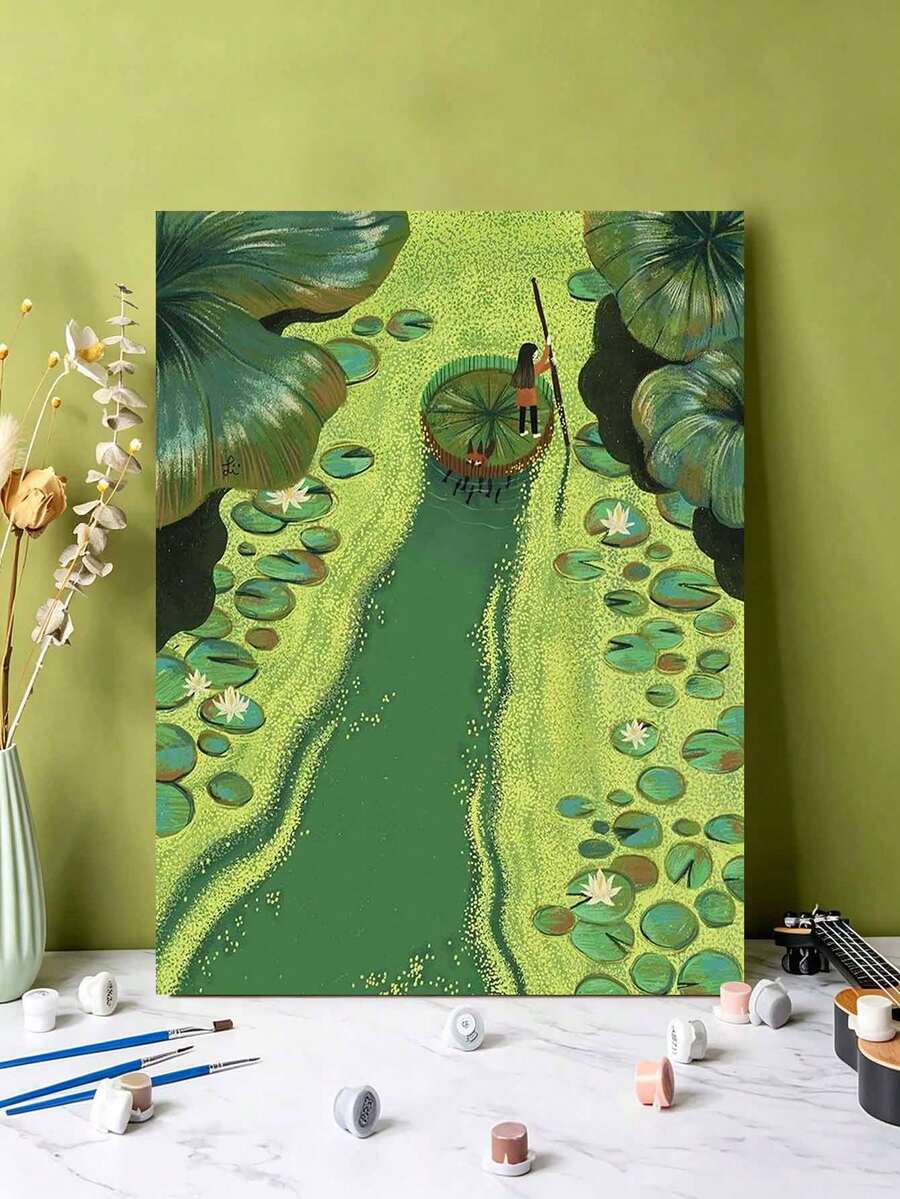DIY Girl Floating On Giant Lotus Leaf In Pond (Frameless Or Framed 8x12 / 16x20 Inches) Paint By Numbers Kit (Acrylic) Arts & Crafts For Adult Beginners, Relaxing Home Wall Decor, And Unique Holiday Gifts - Sets - View 1