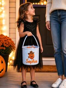 Personalized Plaid Halloween Basket, Customized Halloween Trick Or Treat Bag - Multicolor - View 3