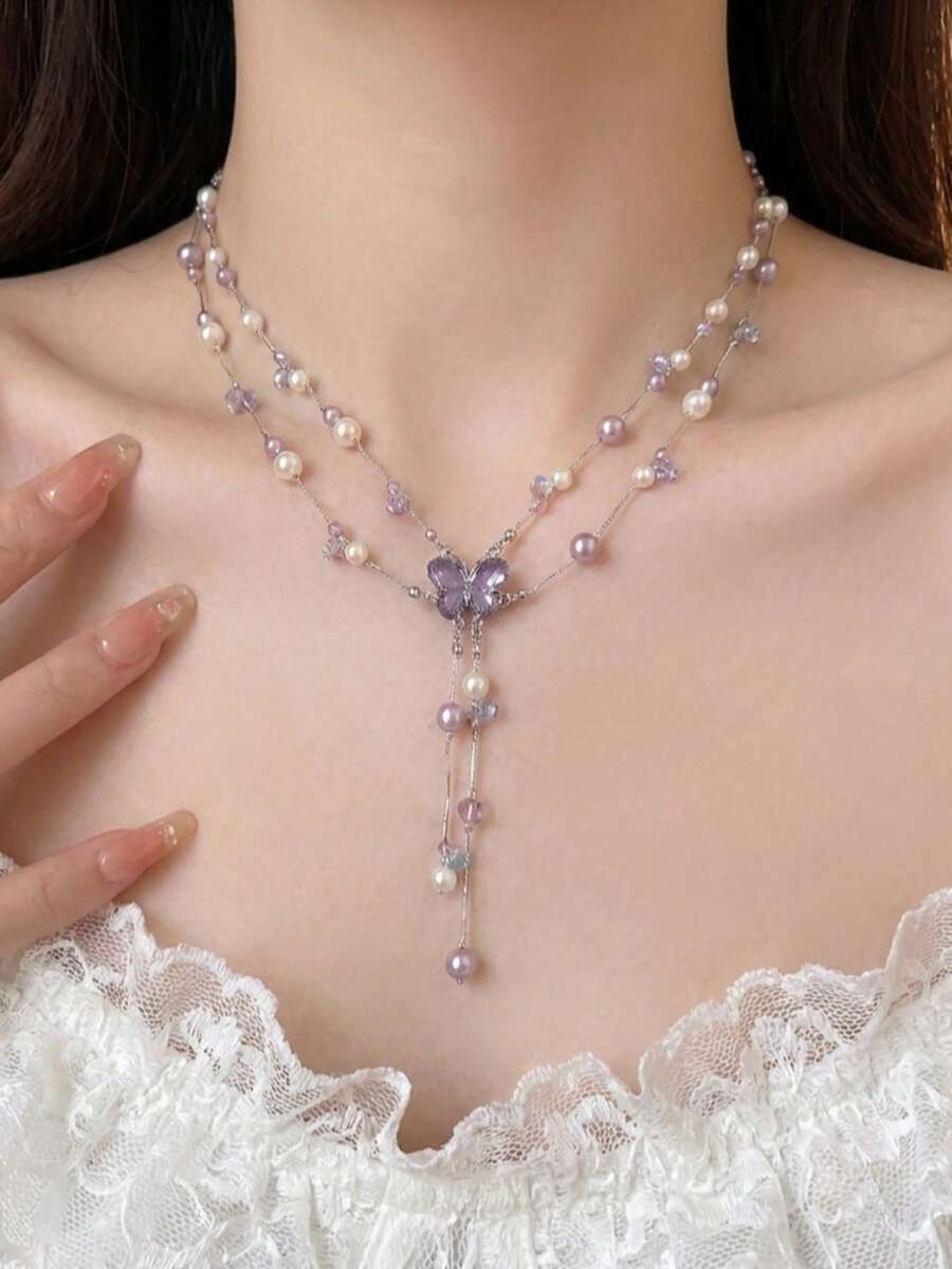 1pc Women's Silver Metal Butterfly Pendant Necklace With CZ Inlaid, Beaded Tassel, Fashionable Necklace Suitable For Ball, Party, Gathering