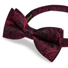 5Pcs Men Red Paisley Jacquard Bow Tie Pocket Square Cufflinks Ring Boutonniere Set, Cufflinks Pattern Random For Wedding - Red - View 3