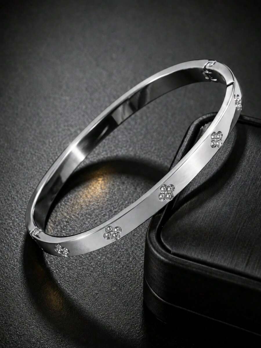 1pc 18K Gold Plated Stainless Steel Classic Screw Cross Bracelet, Minimalist Hinge Design, Waterproof, Non-Fading, Stackable Women's Jewelry Gift - Silver - View 1