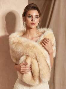 1pc Women's Winter Champagne Color Long Faux Fur Bridal Shawl Cape Coat - Champagne - View 1