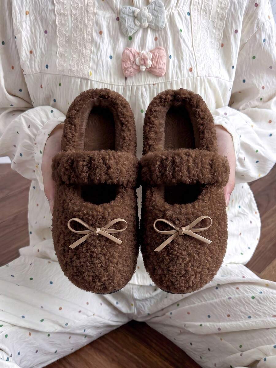 Ballet Style Bowknot Strap Exposed Instep Exquisite Fluffy Women's Home Fun Slippers, Loafer Style Women's Winter Slippers Indoor Slippers Bedroom Slippers Fashion Versatile Wearable