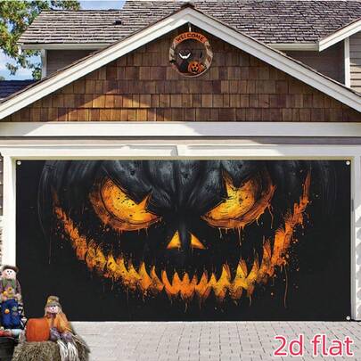 1pc Halloween Party Garage Banner, Evil Pumpkin Head Glowing In The Dark Watching You, Polyester Material With Vibrant Colors, Extra Large Outdoor Garage Holiday Wall Decor Photo Prop