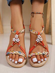 Women's Bohemian Floral Decor T-Strap Sandals, Colorful Woven Open Toe Elastic Back Strap Flat Sandals - Orange - View 8