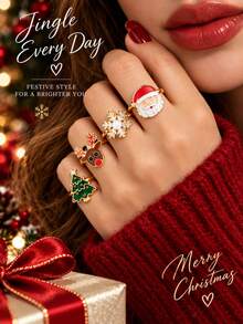 4pcs American Winter Limited Edition Christmas Style Exquisite Women's Ring Set, Small & Beautiful Open Adjustable Finger Ring Set, Fashion Personalized Jewelry Gift Suitable For Daily Wear, Perfect Party And Holiday Gift, Versatile Accessory For Casual And Vacation Outfits For Men And Women - Multicolor - View 3