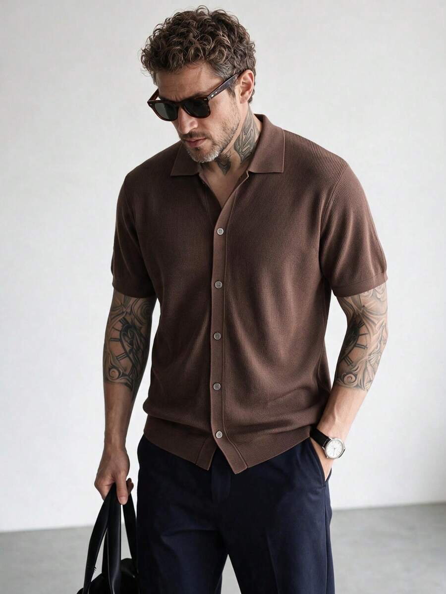 Men's Brown Polo Collar Short Sleeve Knit Cardigan, Solid Color Textured Relaxed Casual Shirt Sweater Top, Spring/Autumn - Brown - View 1