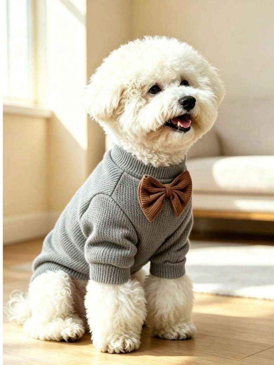1件裝華夫格針織紳士領結寵物T恤，適合貴賓犬、馬爾濟斯、小型犬與貓，四季皆宜 - 深灰色 - 查看 1